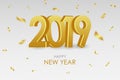 2019 New Year card. Holiday poster with gold 3d numbers and golden confetti. Vector. Royalty Free Stock Photo