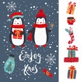 New Year card with the inscription Enjoy Christmas, with a pair of penguins, gifts, snowflakes. Vector