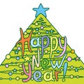 New year card with lettering and stylized green christmas tree
