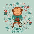 New year card with monkey and text Happy holidays, illustrations Royalty Free Stock Photo