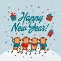 New year card with monkeys and text Happy New Year, illustrations Royalty Free Stock Photo