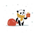 New Year card with a panda in a scarf with a sack of Santa Claus and a gift. Vector isolated illustration.