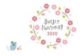 New year card with pink plum flower wreath and cute mouse for year 2020