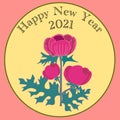 2021 new year card with pink poppy flower and green leaves in retro style hand drawn vector in yellow round and orange pink backg