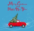 New year card with a red car carrying a christmas tree on the roof, vector , flat, cartoon style, banner, flyer Royalty Free Stock Photo
