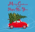 New year card with a red car carrying a christmas tree on the roof, vector , flat, cartoon style, banner, flyer Royalty Free Stock Photo