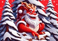 New Year card with red dragon on red with snowy Christmas trees background. Cartoon red dragon in close-up. Generative AI Royalty Free Stock Photo