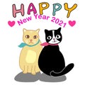 2021 new year card with very cute cats one cream color cat and one black and white cat .both wearing cloth collars with happy new Royalty Free Stock Photo