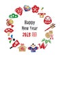 New year card, wreath with Japanese good luck elements