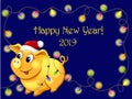 New Year card with a yellow piggy symbol of year.