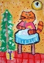 New Year cat - gouache painting made by child