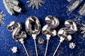 New year ccard flat lay with silver number balloon Royalty Free Stock Photo