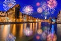 New year celebrate fireworks over Old Town of Gdansk. Royalty Free Stock Photo