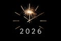 The New Year in 2026 is celebrated with fireworks and a glowing clock that strikes midnight Royalty Free Stock Photo