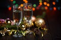 New year celebrating concept. Two glasses of champagne, fir tree Royalty Free Stock Photo