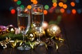 New year celebrating concept. Two glasses of champagne, fir tree Royalty Free Stock Photo