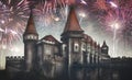 New year celebrating with fireworks at Corvinilor Castle, fine art edit