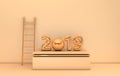 New year 2019 celebration background. Gold metallic numerals 2019, golden ladder, christmas decorative ball on podium, pastel