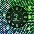 New Year 2017 celebration background. Green sequins disco pattern background with clock number 2017. Shining gradient club neon Royalty Free Stock Photo