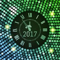 New Year 2017 celebration background. Green sequins disco pattern background with clock number 2017. Shining gradient Royalty Free Stock Photo