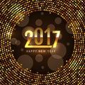 New Year 2017 celebration background. Happy New Year gold type on black background with gold disco sparkles and glitter. Greeting Royalty Free Stock Photo