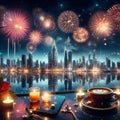 A new year celebration with beautiful fireworks, a view from an opens dinning restaurant, sea amd city view, a reflection water