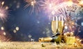 New Year Celebration 2022 - Champagne With Clock And Fireworks At Night Royalty Free Stock Photo