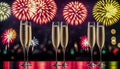 new year celebration with champagne countdown to midnight clock and fireworks Royalty Free Stock Photo