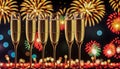 new year celebration with champagne countdown to midnight clock and fireworks Royalty Free Stock Photo
