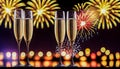 new year celebration with champagne countdown to midnight clock and fireworks Royalty Free Stock Photo