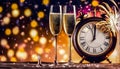 new year celebration with champagne countdown to midnight clock and fireworks Royalty Free Stock Photo