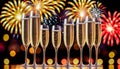 new year celebration with champagne countdown to midnight clock and fireworks Royalty Free Stock Photo