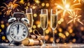 new year celebration with champagne countdown to midnight clock and fireworks Royalty Free Stock Photo