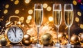 new year celebration with champagne countdown to midnight clock and fireworks Royalty Free Stock Photo