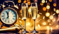 new year celebration with champagne countdown to midnight clock and fireworks Royalty Free Stock Photo