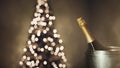 New Year 2019 Celebration Concept. Bottle of champagne on a background of xmas holiday interior