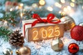 2025 New Year Celebration Concept with Festive Gift and Decorations