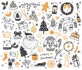 New year celebration doodles, christmas hand drawn elements. Garland, santa, xmas party decorations, winter holidays Royalty Free Stock Photo