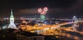 New Year Celebration. Fireworks on Danube River Royalty Free Stock Photo