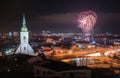 New Year Celebration. Fireworks on Danube River Royalty Free Stock Photo