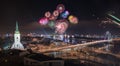 New Year Celebration. Fireworks on Danube River Royalty Free Stock Photo