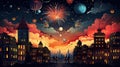 New Year Celebration. Fireworks over city skyline illustration.