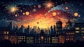 New Year Celebration. Fireworks over city skyline illustration.