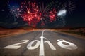 2018 New Year celebration fireworks on the road Royalty Free Stock Photo