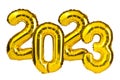 New Year 2023 celebration. Golden Yellow foil color balloons. 2023 balloons. Isolated white background Royalty Free Stock Photo