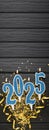 New year 2025 celebration greeting card background blue numbers 2025 with golden party decoration, confetti on dark