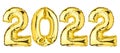 New Year 2022 celebration. Helium balloon. Golden Yellow foil color. Number Two 2 and Zero 0. Good for Party, greeting card, Adver