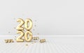 New year 2020 celebration interior background. Golden numerals 2020, floating confetti and ribbons. Realistic illustration for New Royalty Free Stock Photo