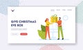 New Year Celebration Landing Page Template. Cheerful Man Gives Present to Woman in Office, Business Characters Celebrate Royalty Free Stock Photo