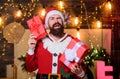 New year celebration. Man bearded santa celebrate christmas with presents. May your home be filled with all joys of Royalty Free Stock Photo